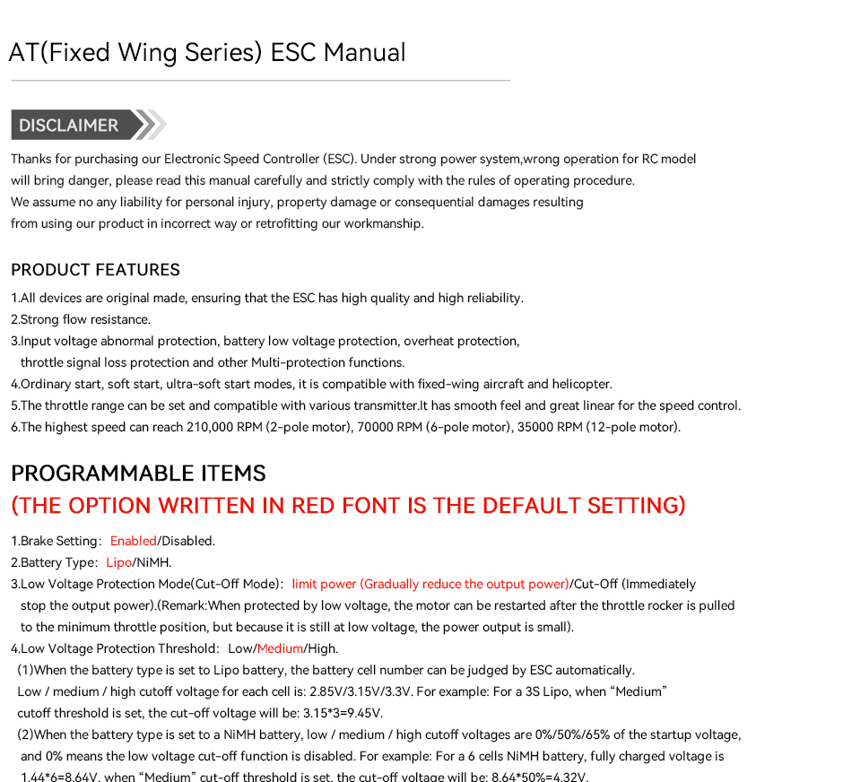 AT(Fixed Wing Series) ESC Manual