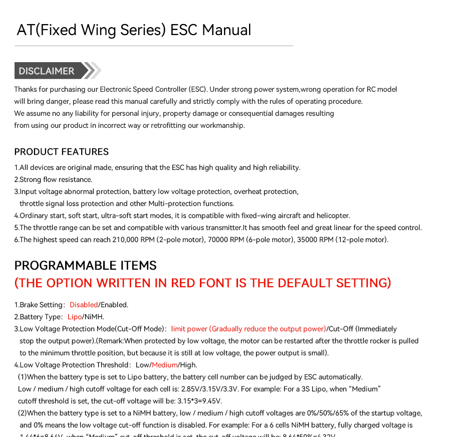 AT(Fixed Wing Series) ESC Manual