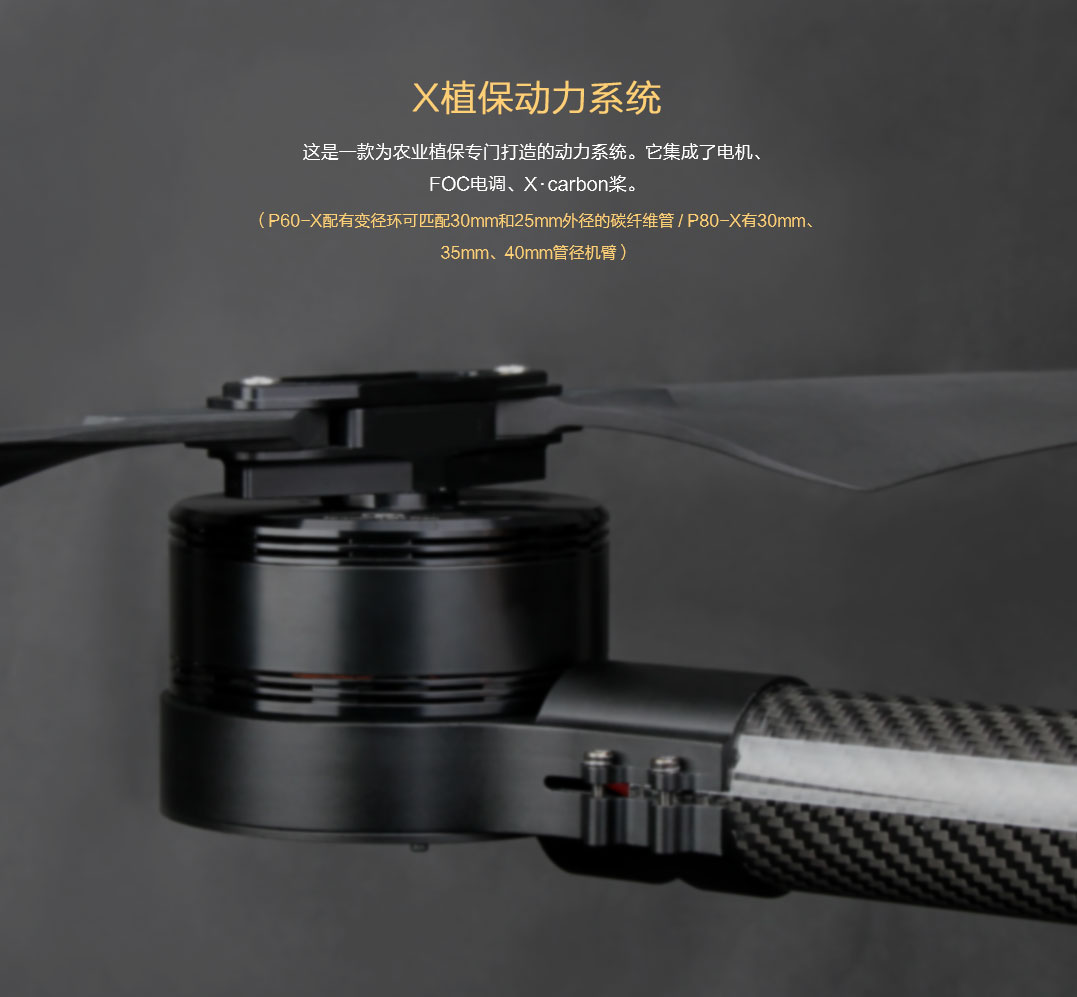 P60-X 植保动力系统，集成了电机、FOC电调、碳桨