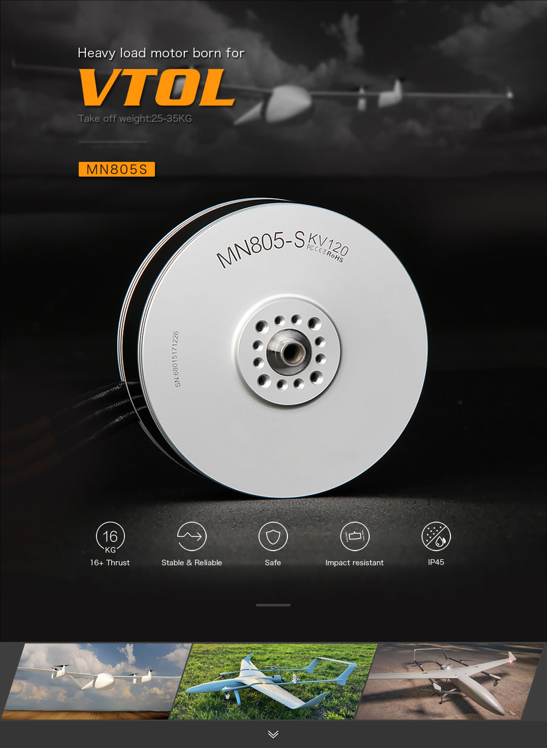 MN805-S KV120 16kg+ Thrust，IP45