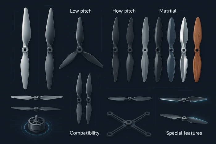 Visual guide showing key propeller selection factors including size, pitch, material, and blade count